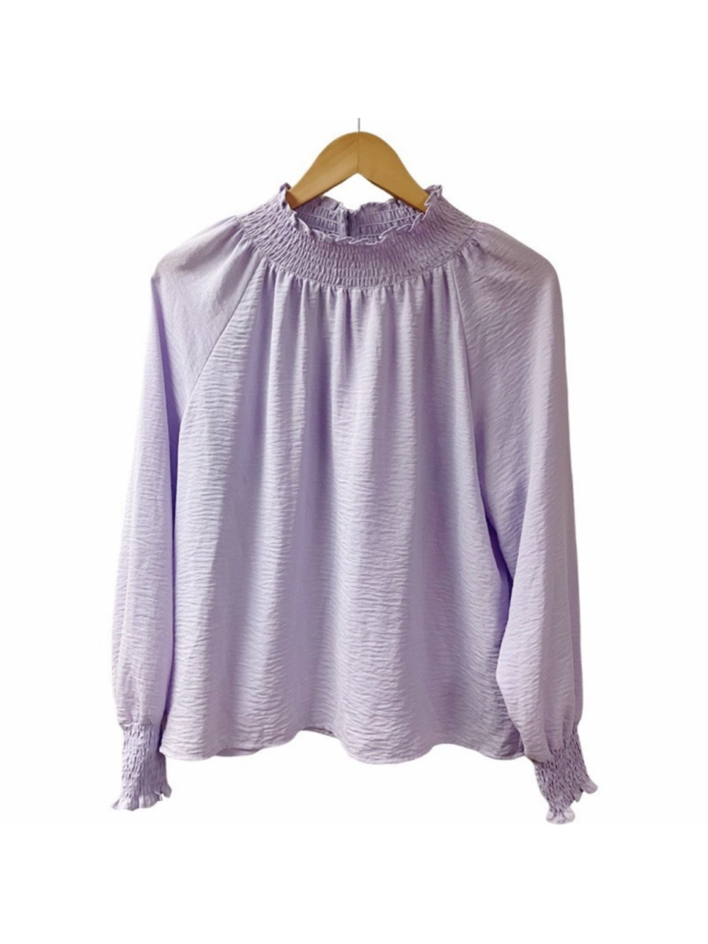 NEW Feminine Nine West Womens Smocked Blouse LARGE Pastel Lilac Peasant Office